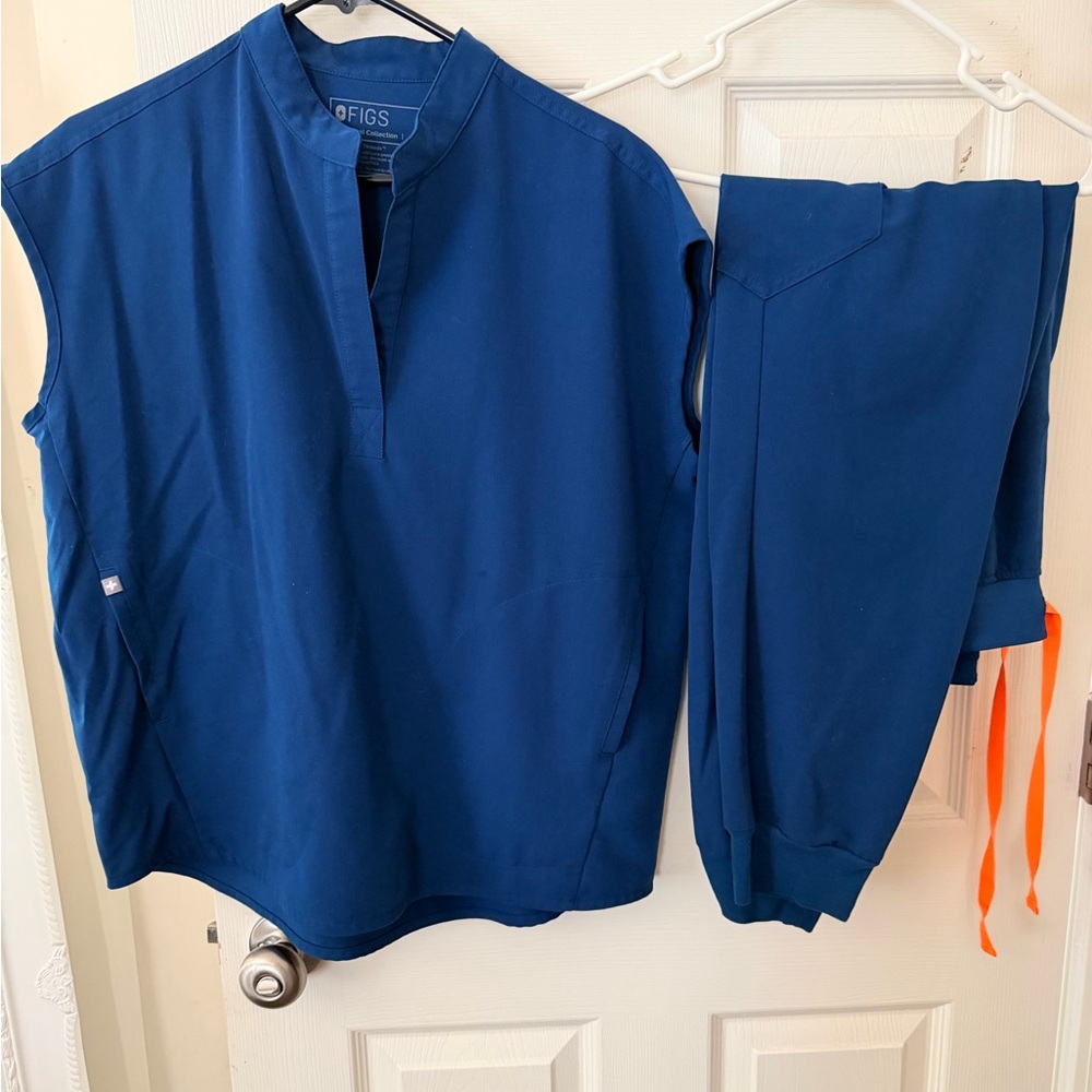 Figs Deep Royal Blue Scrub Top and Jogger Set with Orange Drawstrings